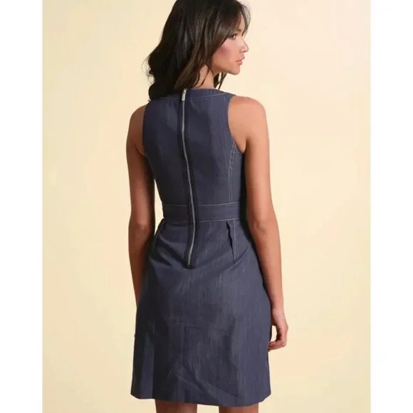 Karen Millen Womens Blue Denim Chambray Sleeveless Dress Ruffle Front size 4 - Picture 3 of 14